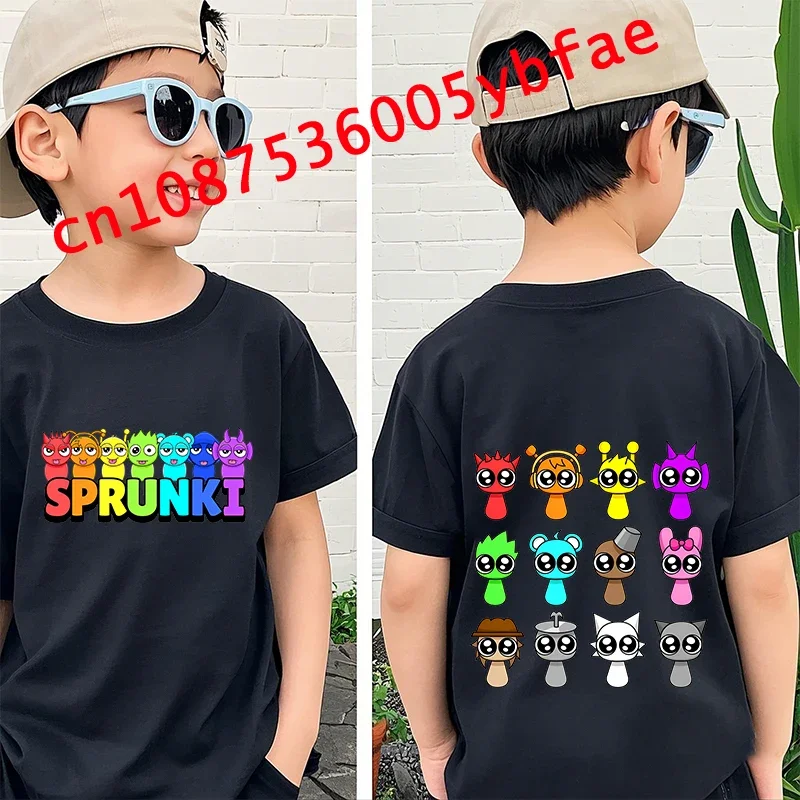 2025 Sprunki zwarte cartoon top met pure mouwen voor jongens en meisjes Leuke karakters bedrukte kinderkleding kinder T-shirt kort-