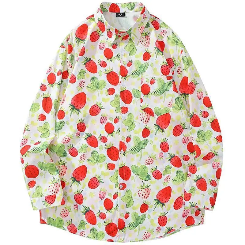 

Sweet Cute Vintage Y2K Strawberry Pattern Oversized Shirt | Women's Aesthetic Fruit Print Blouse | Harajuku Streetwear Top