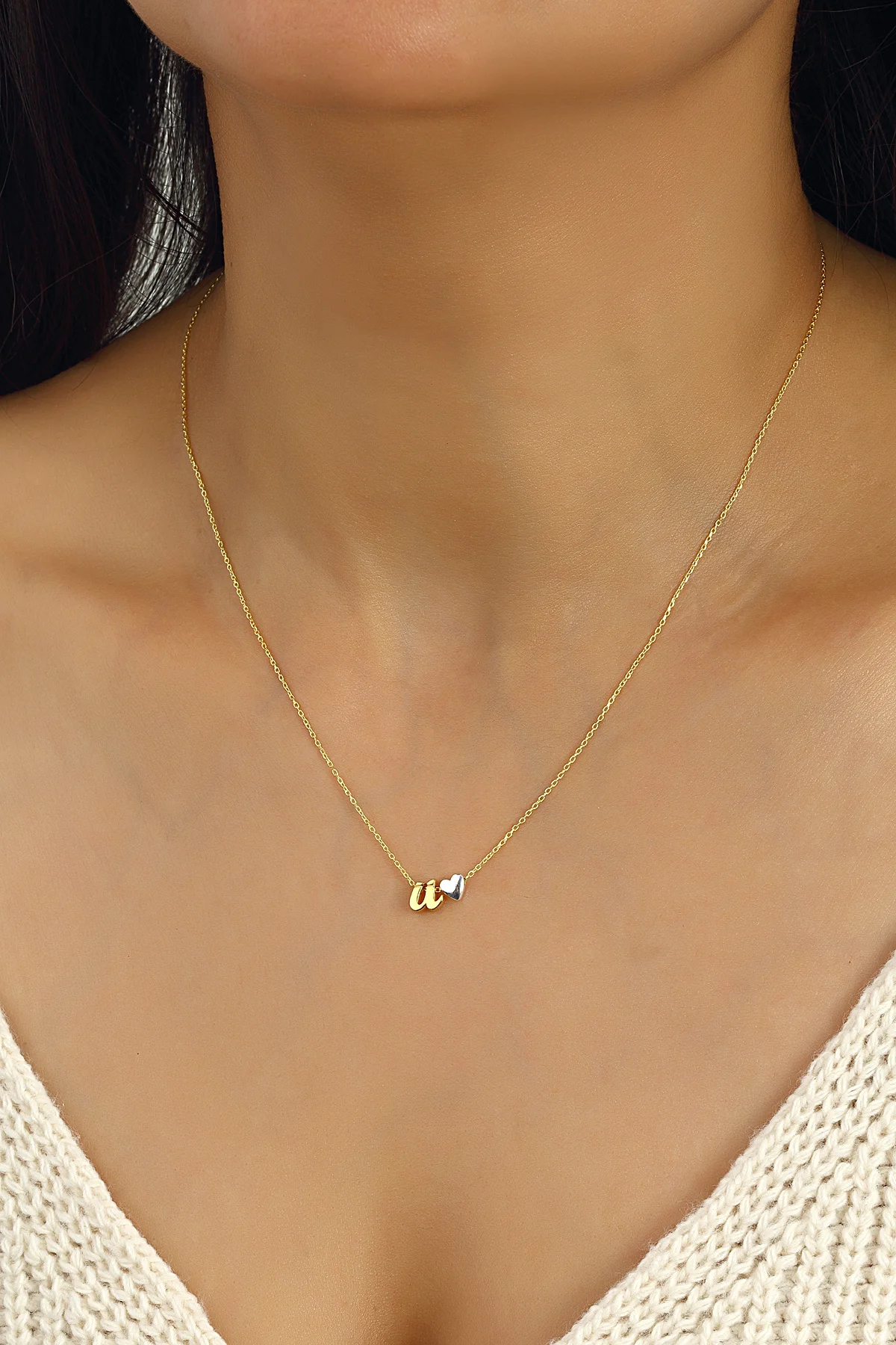 Gold Plated Silver U with Dot Letter with Heart Pendant Necklace