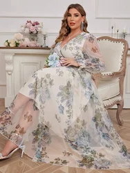 TOLEEN Plus Size Women's Floral Print V-Neck Spliced Mesh Dress 2024 New Summer Spring Casual Elegant Formal Party Maxi Dresses