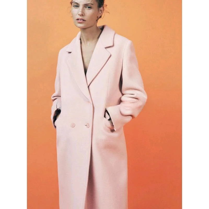 Spring New Arrival Women's Long Sve Notch Collar Blended Coat Jaet Commute Sle Straight Cut Medium Length Double Button