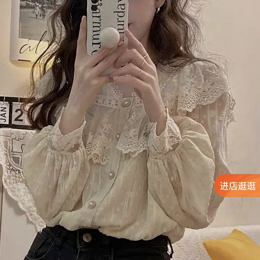 Vintage French Women Shirts Lace Lolita Elegant Long Sleeve Blouse High Quality Office Lady New Fashion Chic Female Tops