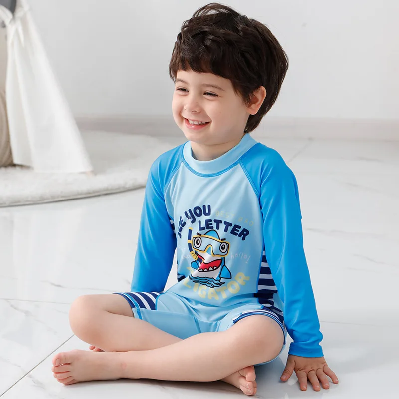 Children's  Training Clothes Quick-drying Cartoon Lovable Shark Boy Swimsui 2-piece Long Sleevet Conjoined Body Bathing Suit