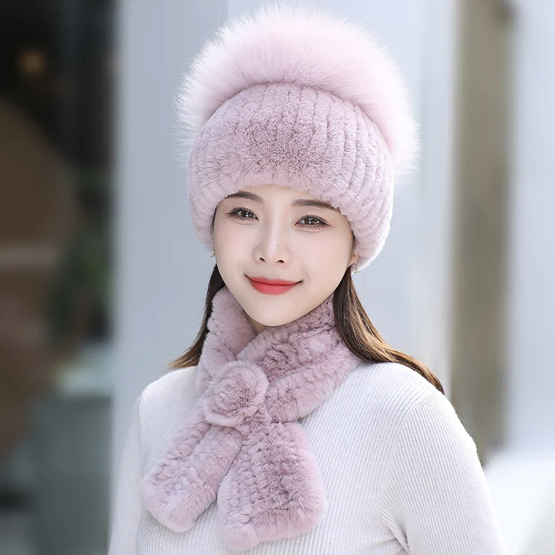 Natural Rex Rabbit Fur Hat With Fox Fur Ball Handmade Knitted Genuine Rabbit Fur Hat Scarf Set Winter Female Fluffy Fur Caps