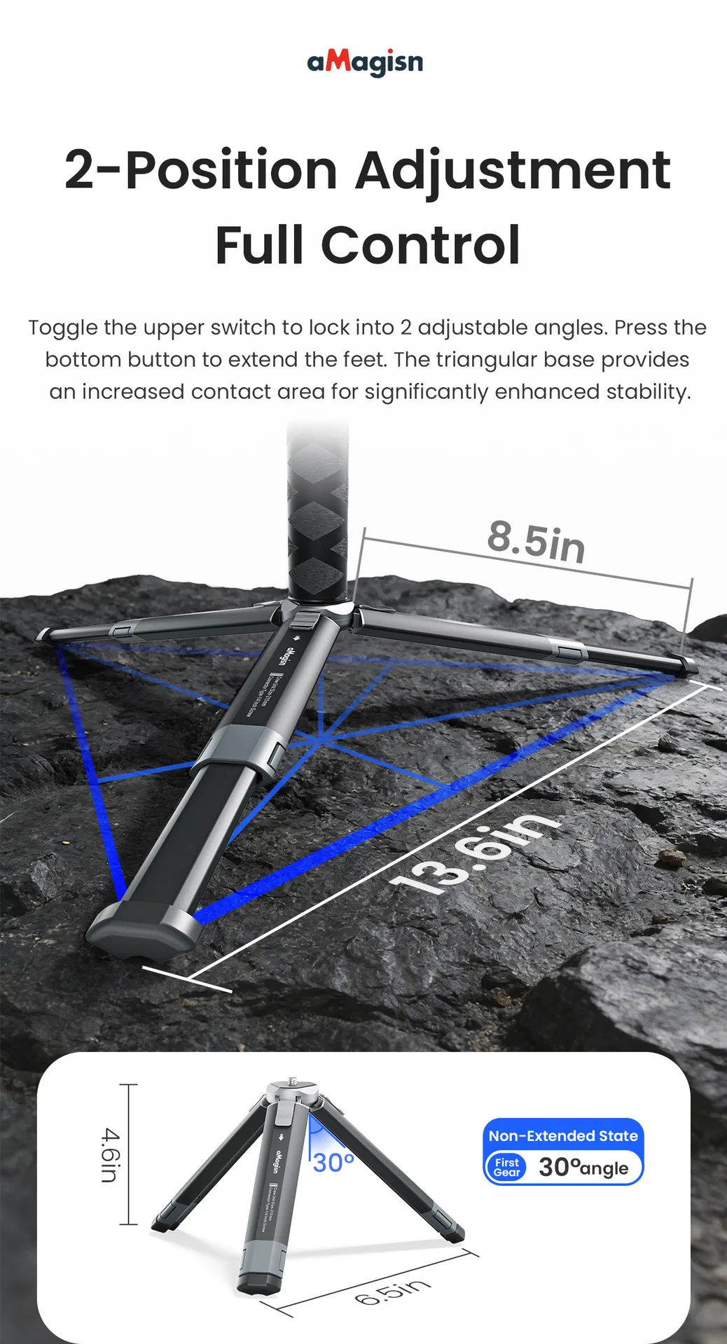 aMagisn Metall-Stativ mit Ausziehbaren Beinen in 2 Stufen, Stabilisierende Halterung für Insta360 X5 DJI Action 6 5pro GoPro 13 12 – Detail 6