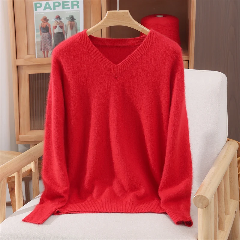Pulôver feminino de manga comprida com decote em v, outono inverno 100% suéter de caxemira de vison macio, quente, sólido, casual, roupas soltas