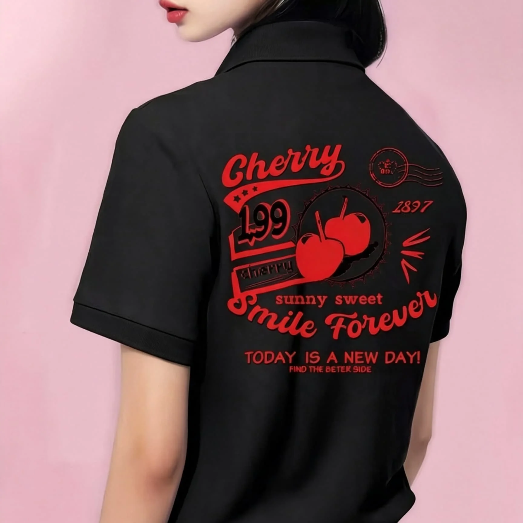 Casual Black Unisex Polo Blouse Stylish Retro Cherry Slogan Back Graphic Short Sleeve Loose Breathable All‑Season Daily Wear Top Shirt