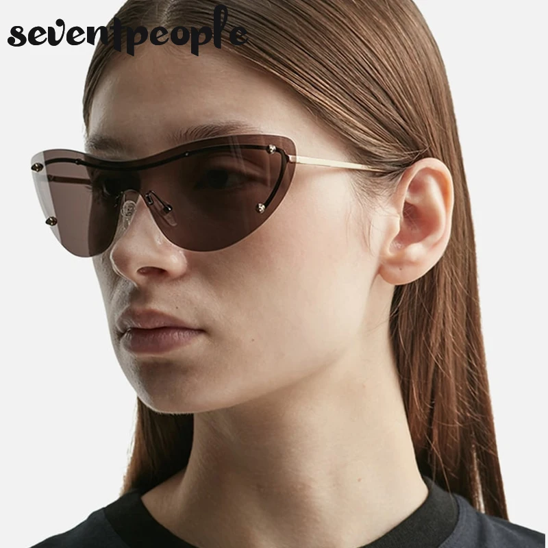 

Oversized Rimless One-piece Cat Eye Sunglasses Women 2024 Luxury Brand Design Shield Metal Frame Sun Glasses For Female Eyewear