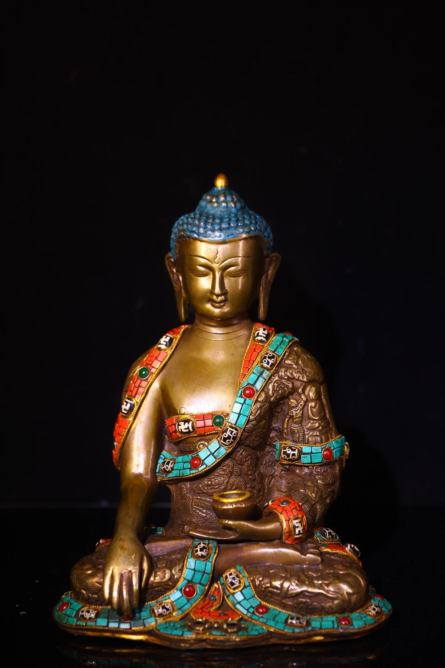 

12"Old Lima Bronze Mosaic Gem gZi Beads Turquoise Buddha tattoo Shakyamuni Sitting Buddha Amulet Worship Hall