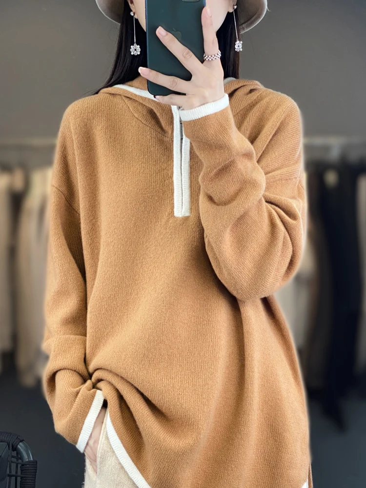 Thickened 100% pure cashmere sweater hoodie solid color pullover hooded sweater loose slim knit bottoming sweater