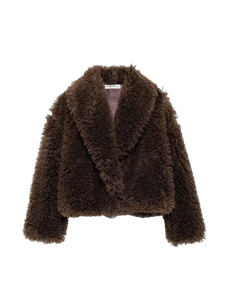 TRAF Winter Faux Fur Casual Jackets for Women Coats Thick Warm Soft Cropped Jakcets Vintage Long Sleeve Coat Outwears