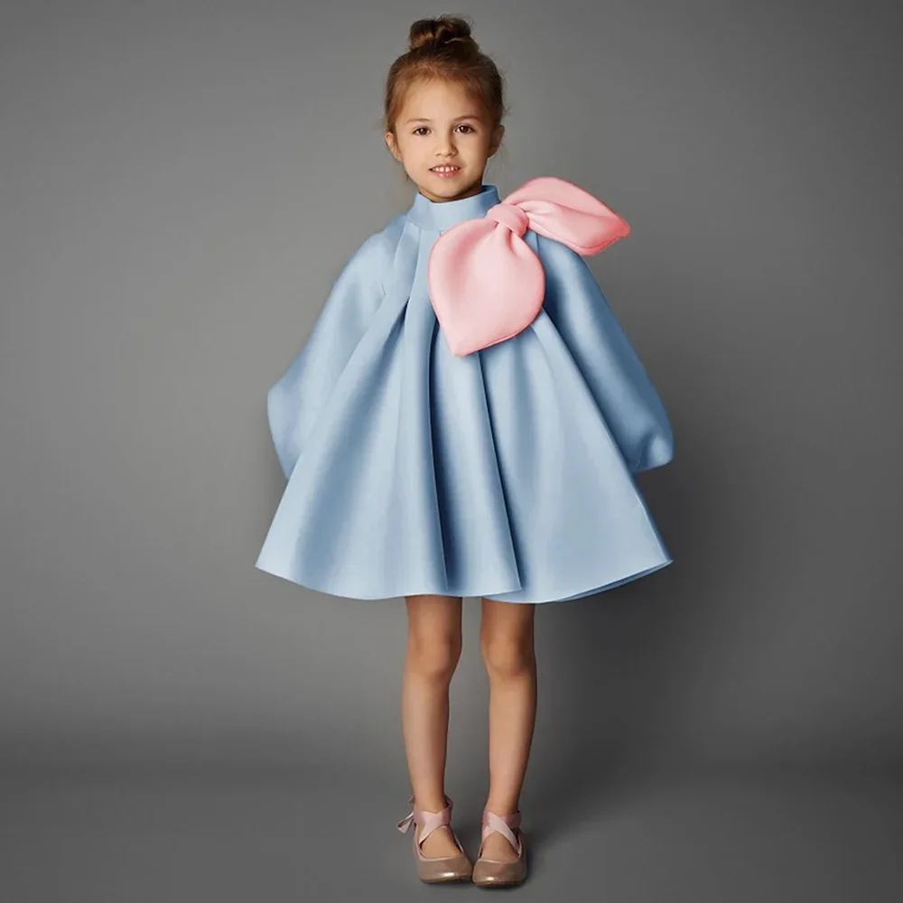 

Cute Crew Neck Long Sleeves Mini Girl Dresses with Bow Fashion Draped A-Line Birthday Party Gowns Formal Casual Wedding Dresses