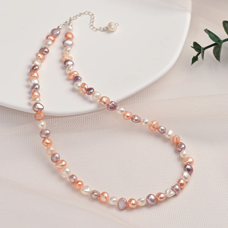 

5-6mm Natural Freshwater Pearls Baroque Shape Mixed Color Necklace S925 Sterling Silver Chain Fine Jewelry Hot Gifts for Women