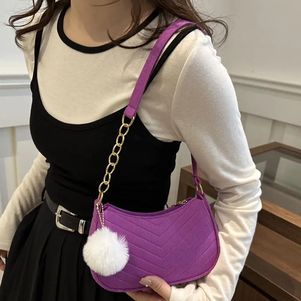 Winter Solid Color Fur Ball Women's Bag Fresh Felt Armpit Bag Embossed Fashionable Single Shoulder Stylish Small Square Bag