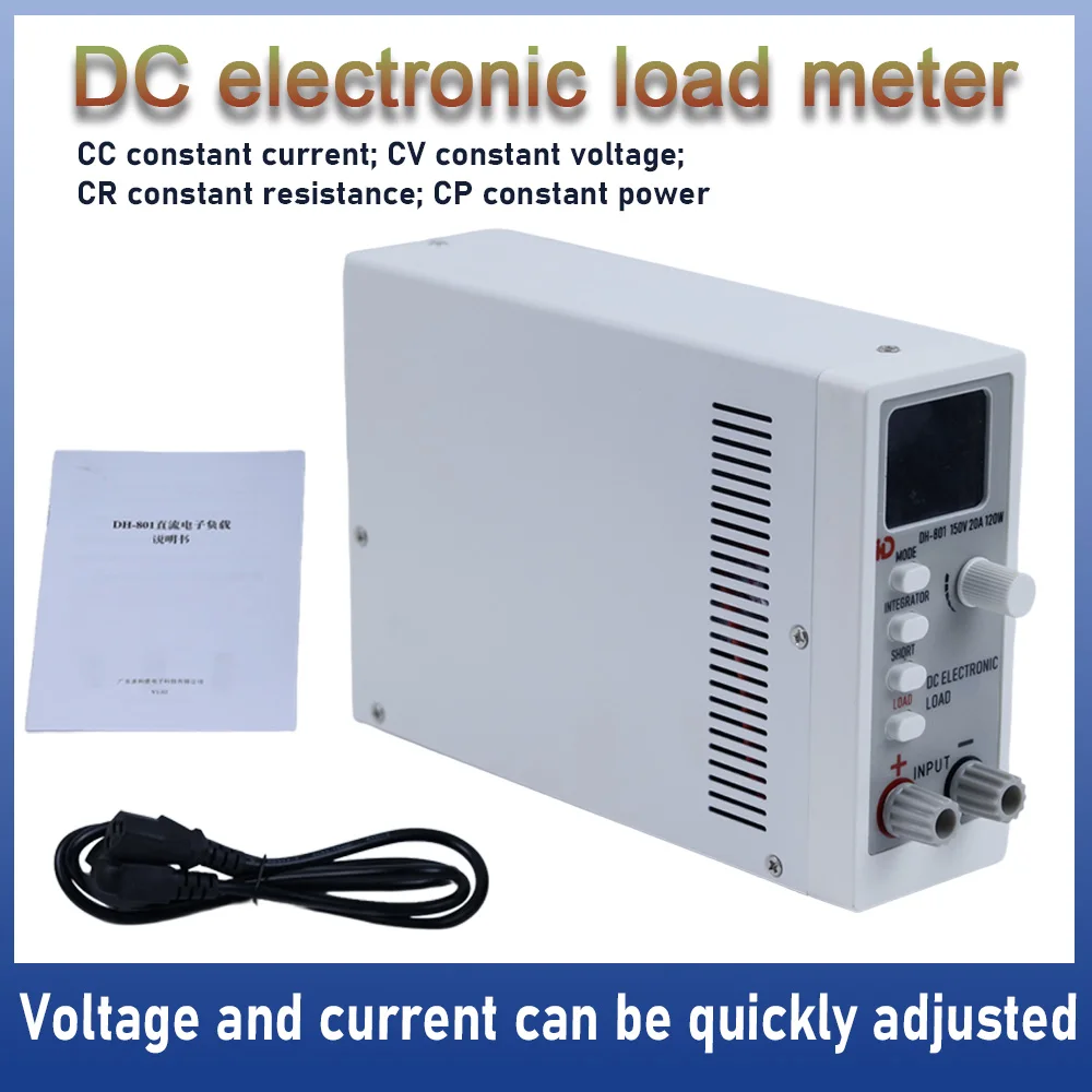 

Напряжение постоянного тока 0–150 В, ток 0–20 А, мощность 120 Вт, фиксированный ток, сопротивление напряжению, электронный измеритель нагрузки