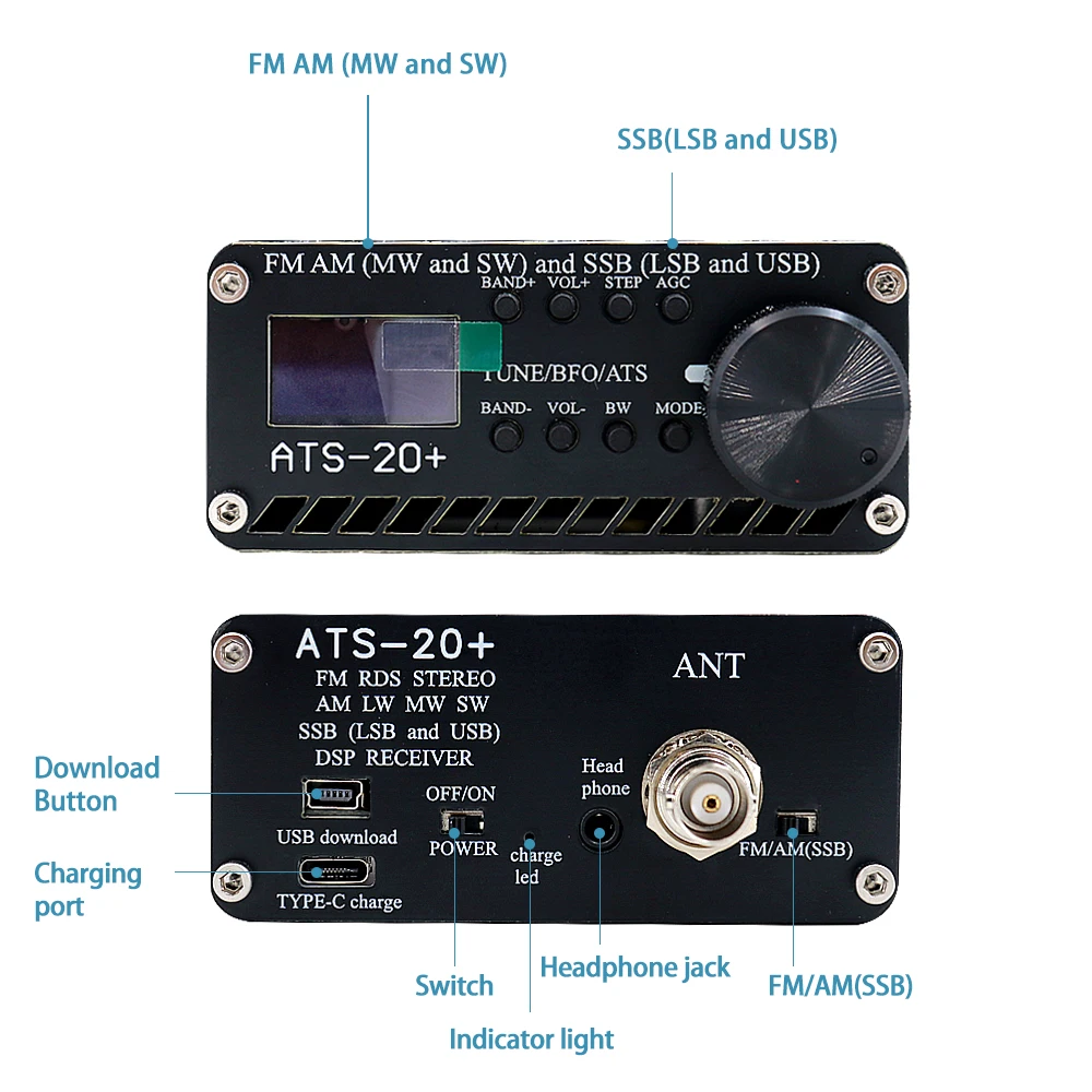 ATS-20+ SI4735 Ricevitore radio a banda d'onda completa Modulazione di frequenza AM (MW e SW) SSB (LSB e USB) che copre la radioband commerciale