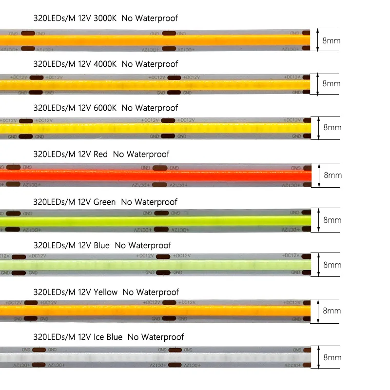 DC12V/24V 5m COB LED Strip Light 320 384 480 Leds/m 8MM High Density Flexible FOB Led Light White/ White Warm Linear Dimmable