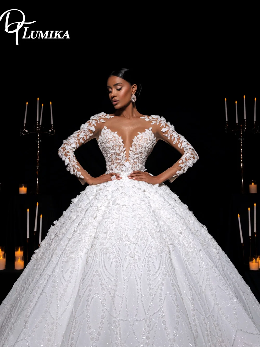 Romantic Long Sleeve Wedding Dress Sexy Deep V Neck 3D Floral Lace Applique Gown Elegant Sparkling Bridal Gown Vestidos De Novia
