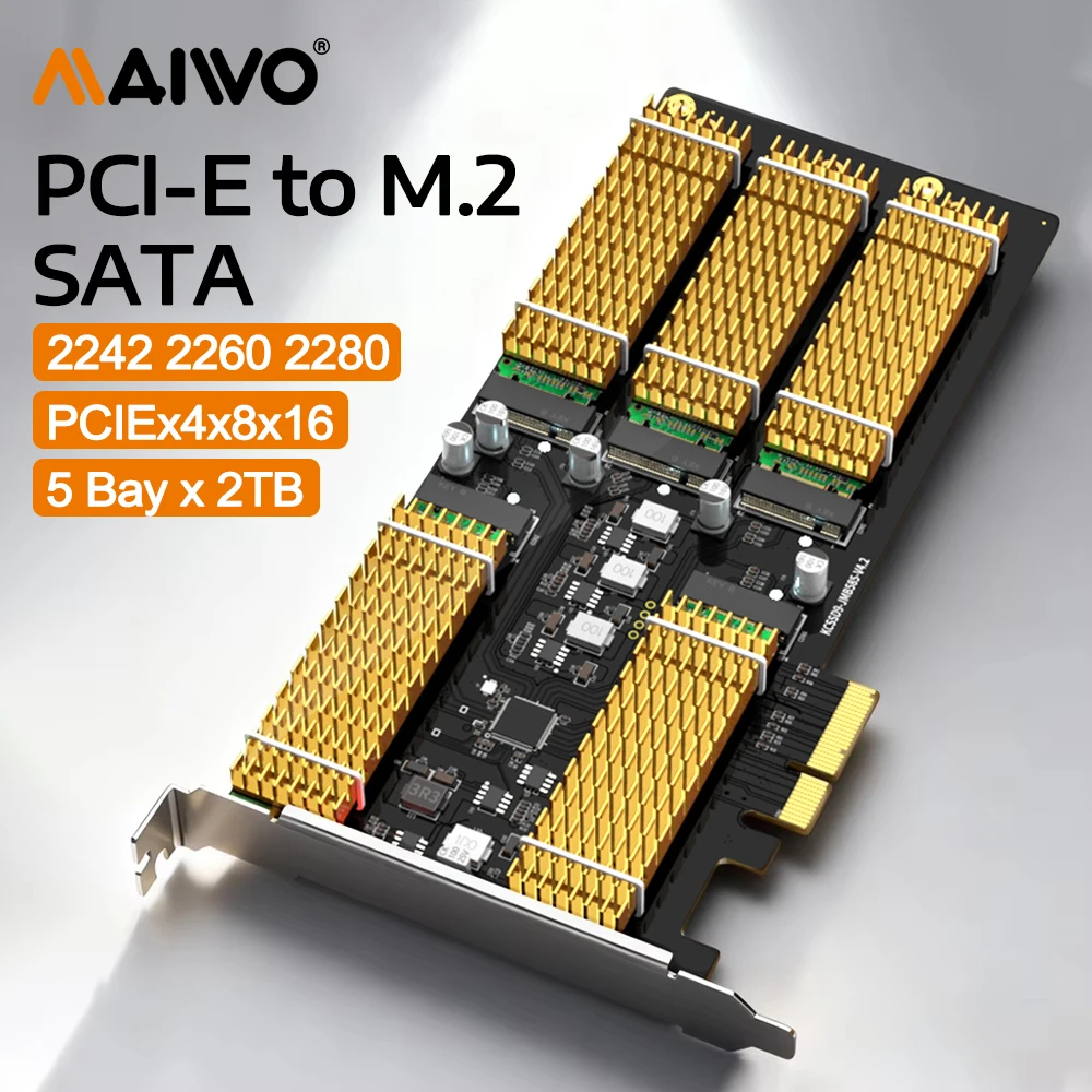 

MAIWO PCI Express Card 5 Bay M2 SATA RAID 0/1/5 Adapter 2TB per SSD Compatible PCIe×4×8×16 Adapter Card for Windows/Linux/MAC OS