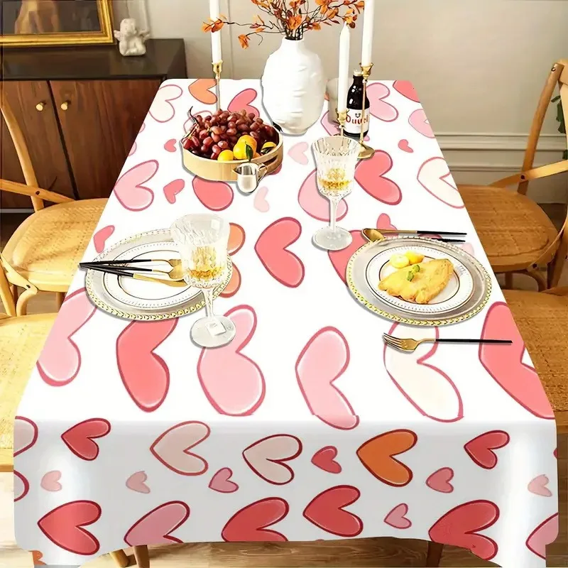 Romantic Hearts Tablecloth Polyester Dining Table Cover for Valentine's Day Party Decorations Picnic Lunch Meal Table Linen
