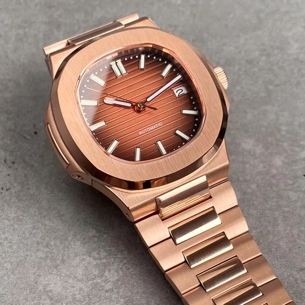 40mm NH35 Movement Full Rose Gold Square Brushed Case Tandorio Automatic Men Watch 10ATM Waterproof Sapphire Crystal Brown Dial