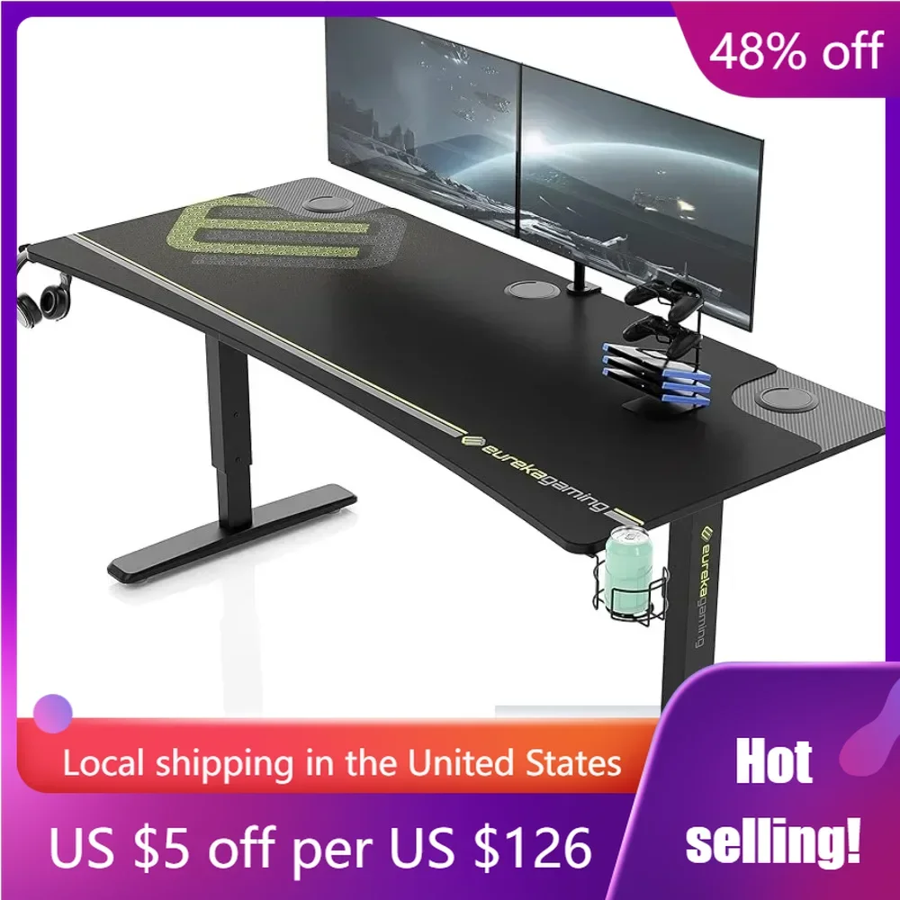 

63 Inch Computer Desk Large Manual Height Adjustable Gaming Desk Table Office Furniture