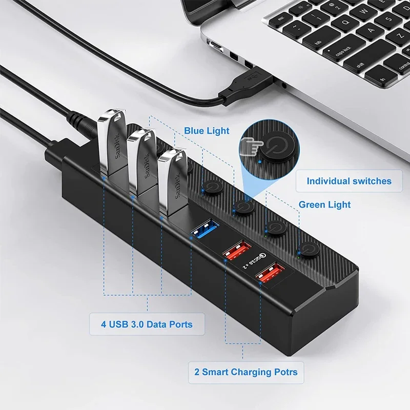 Imagem -02 - Hub Usb com Divisor de Alimentação Alta Velocidade Múltiplo Usb 3.0 10 Portas qc 3.0 Carregamento Rápido Acessórios Laptop