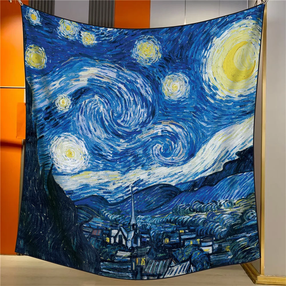 POBING Silk Cashmere Scarf Women Hand Rolled Shawls Oil Painting Square Scarves Wraps Lady Bandana Big Hijabs Female Foulards