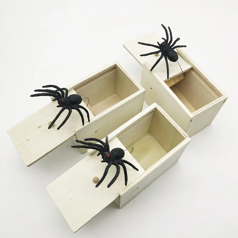 Simulation Spider With Wooden Box Kids Favors Tricky Prank Joke Toy Haunted House Horror Props Halloween Party Decor Supplies