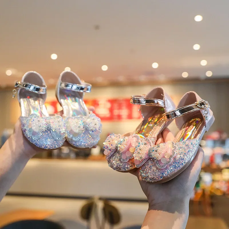 

Summer Girls Sandals Fashion Sequins Rhinestone Bow Girls Princess Shoes Baby Girl Shoes Flat Heel Sandals Size 21-35