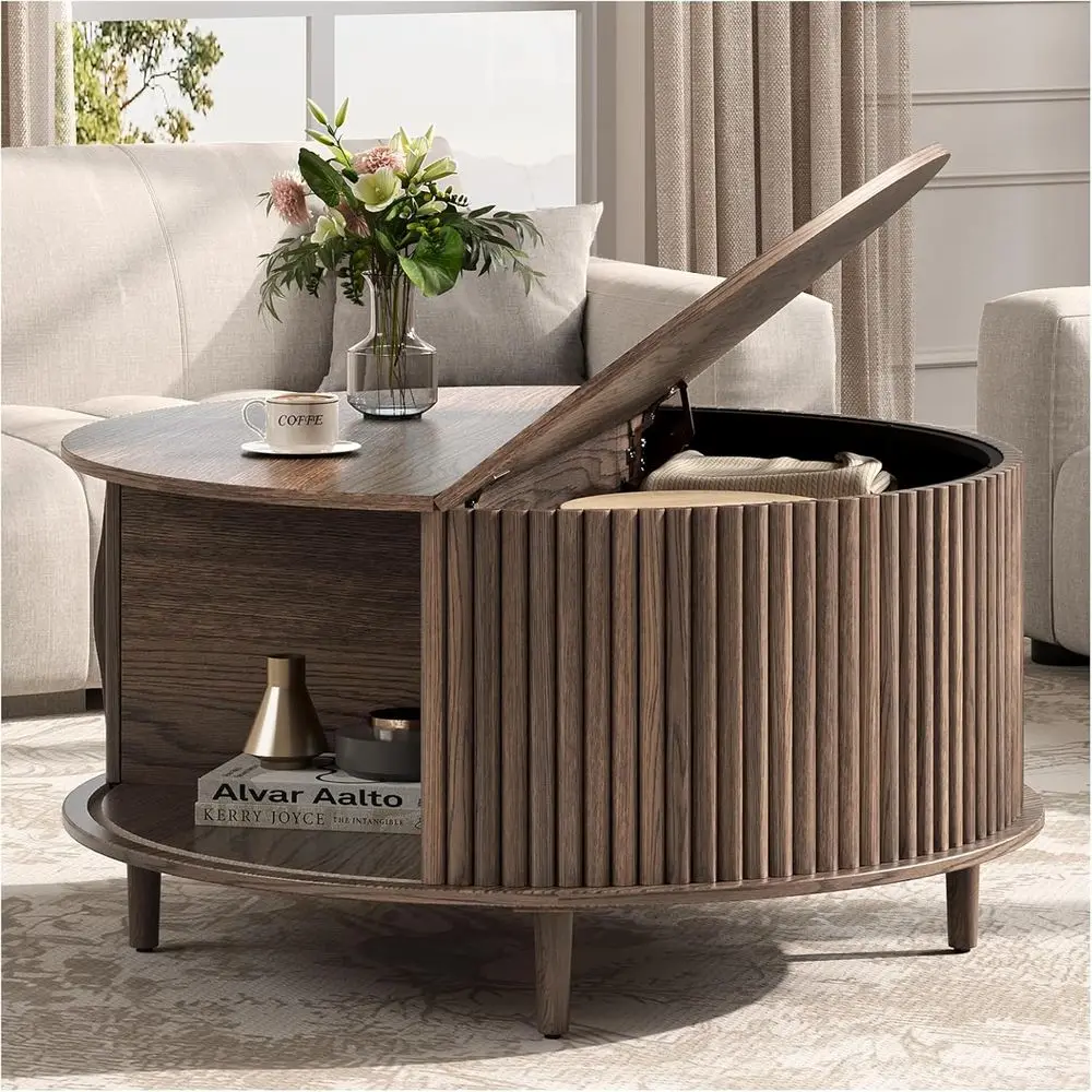 

Walnut Circle Coffee Table with Sliding Door Storage for Living Spaces