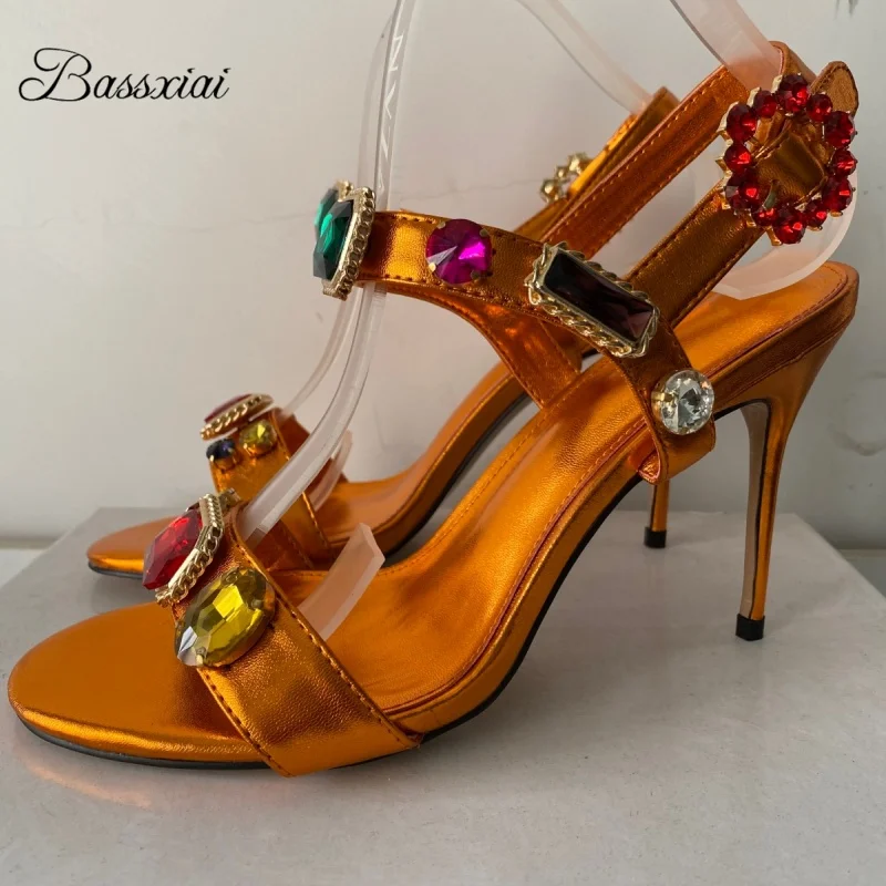 

Luxury Diamond Rhinestone Decor Sandals Women Genuine Leather 10cm Stiletto Heel Ankle Strap Summer Shoes