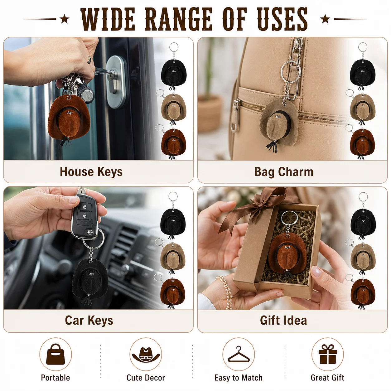 Mini Cowboy Hat Keychain - 3 Colors, Decorative Suede-like Design, Key Ring Accessory for Keys, Bags, Backpacks - Perfect Gift view 3