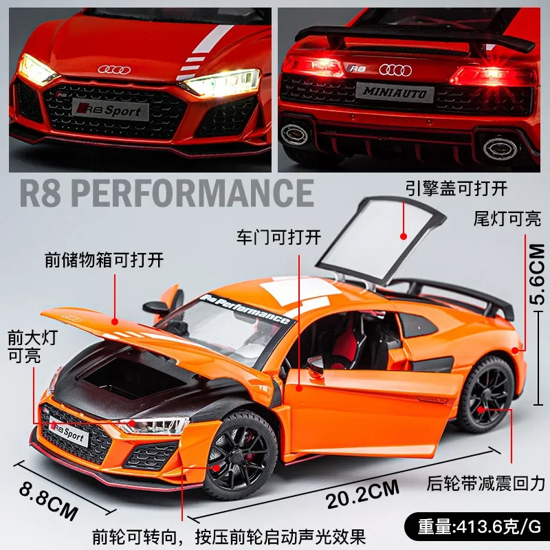 1:24 Audi R8 V10  Sports Car Model Diecast Metal Toy Sound and Light Children\'s Toys Collectible Ornament Gift for Children C163