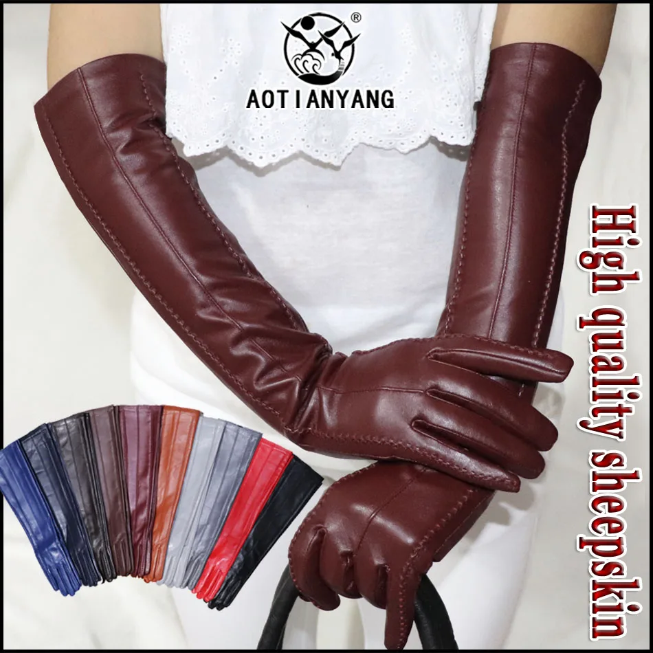 AOTIANYANG Genuine Leather Gloves 100% Sheepskin Long Gloves Women's Winter Warm Fleece Lining Over Elbow Arm Sleeves Color New