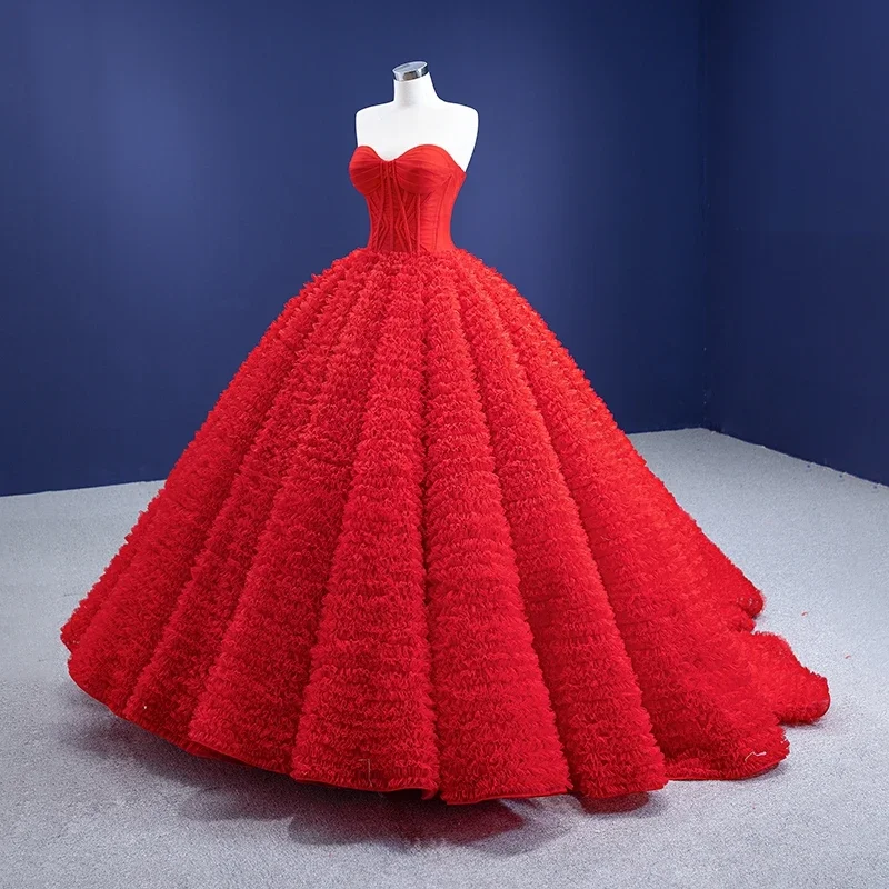 Red Strapless Evening Dress Slim Frill Ball Gown Backless Banquet Prom Lace Evening Party Event Gown Princess Dresses