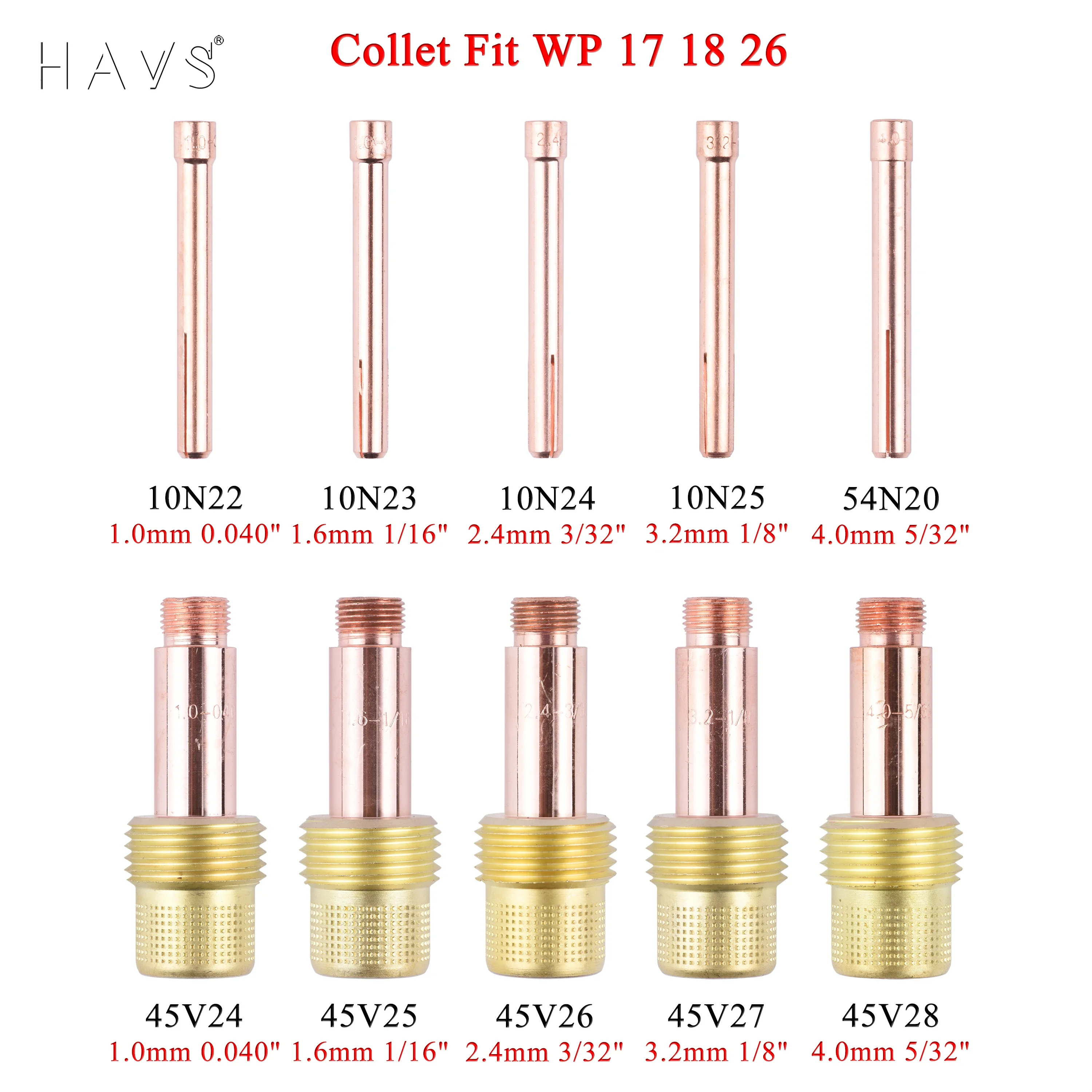 

1.0/1.6/2.4/3.2/4.0mm TIG Collet Body Gas Lens Collet 10N22 10N23 10N24 10N25 54N20 45V24 45V25 45V26 45V27 45V28 For WP17 18 26