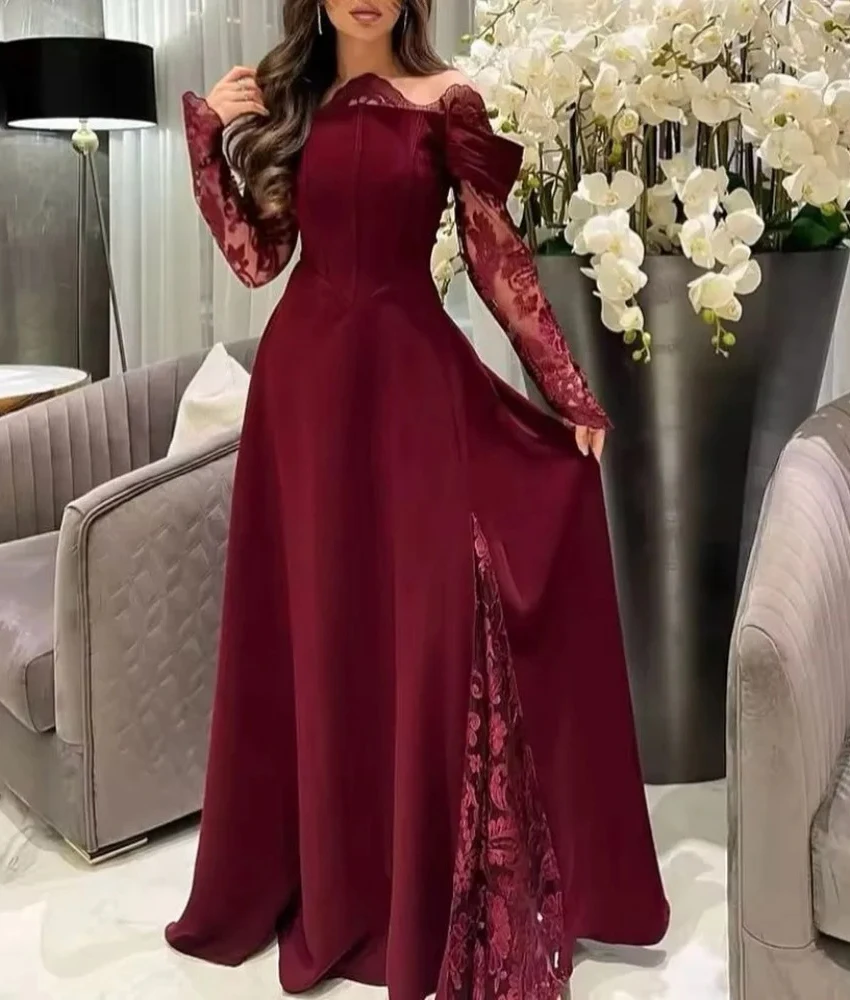 

Индивидуальное изящное трикотажное трапециевидное кружевное вечернее платье с открытыми плечами, темпераментное платье с вырезом лодочкой и длинными рукавами, платья знаменитостей