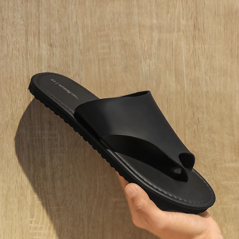 High Quality Mens Slippers Fashion Flip Flops Leather Breathable Sandals Non-slip Casual Footwear Lightweight Clogs Roman Flats - view 3