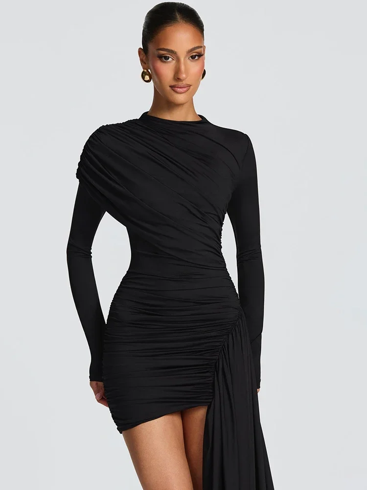 Long Sleeve Draped Ruched Sexy Mini Dress Women Gown Elegant O Neck High Waist Bodycon Club Party Dresses Female