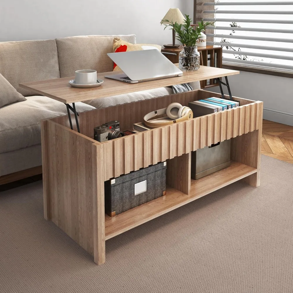 Petite table basse relevable en bois T1, meuble de table décoratif, avec rangement GNE