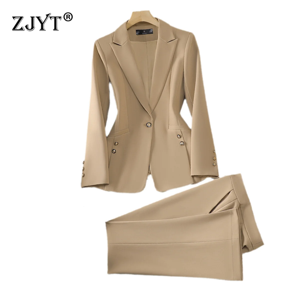 ZJYT Elegant Office Lady Formal Blazer Suits Pant Sets 2 Pieces Womens Outfit Plus Size Long Sleeve Jacket and Trousers Autumn