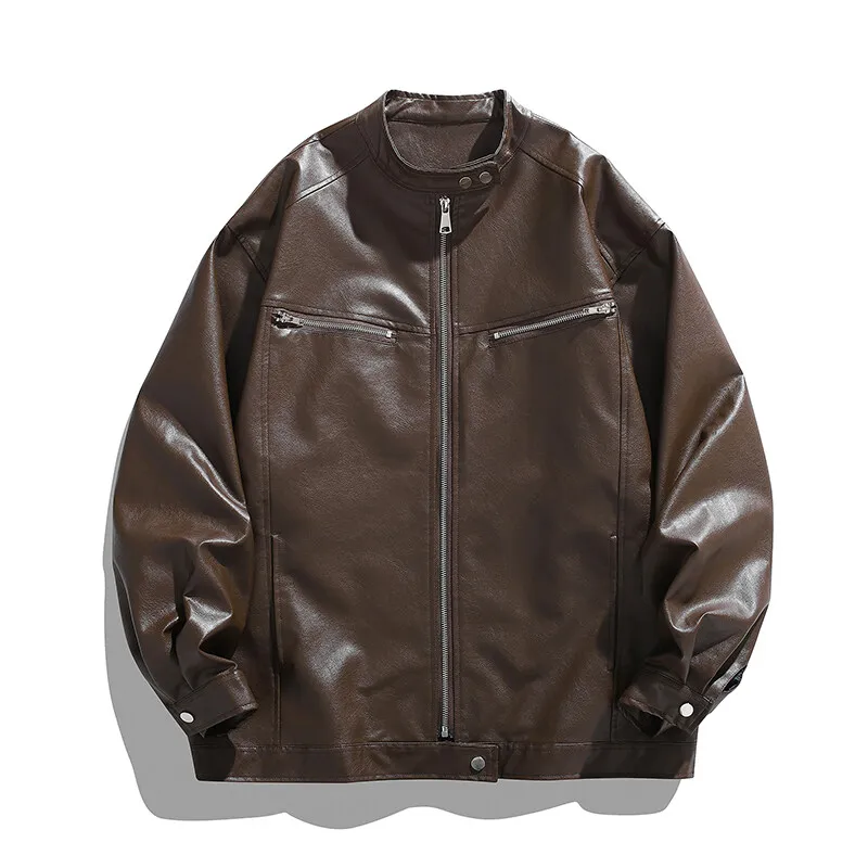 

Spring High Quality Men's PU Leather Jacket Motorcycles Zipper Casual Stand Collar Leather Outwear Male Moto Biker Loose Coat