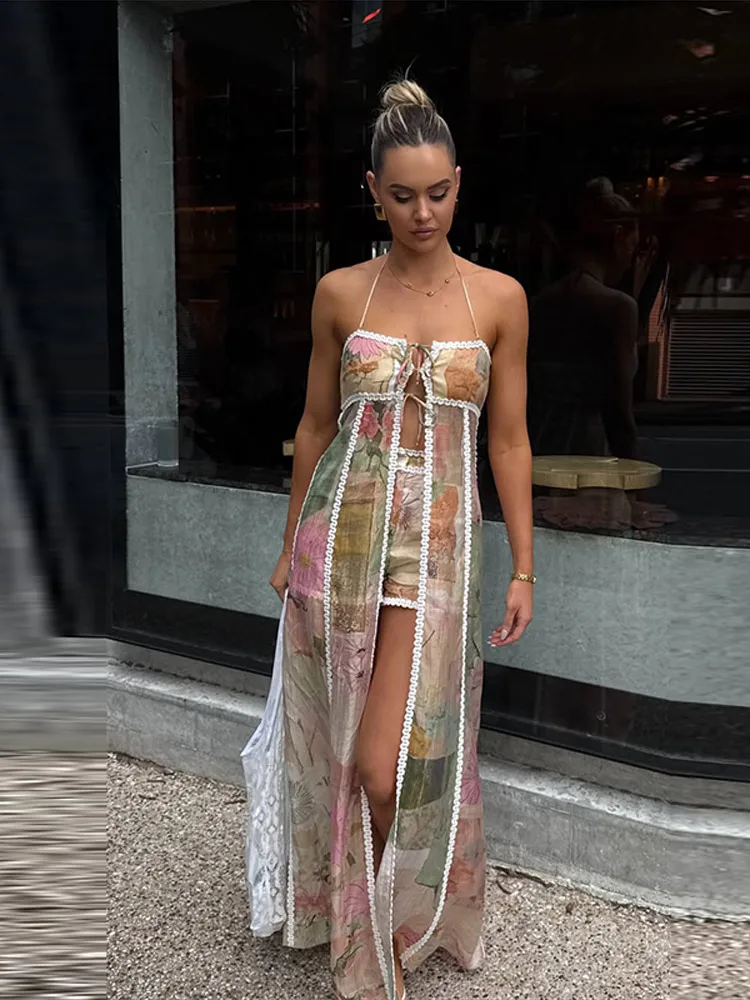 Beach Holiday Print Long Tops Shorts Matching Sets Women Lace Up Sleeveless Loose Outfits Female 2026 Summer New Chic Suits