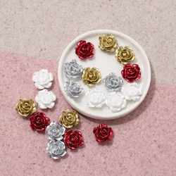 30pcs 12mm Sparkle Shiny Pearl Resin Rose Flower Flatbacks DIY Crafts Embellishment Cabochon For Scrapbooking Cardmaking Silver