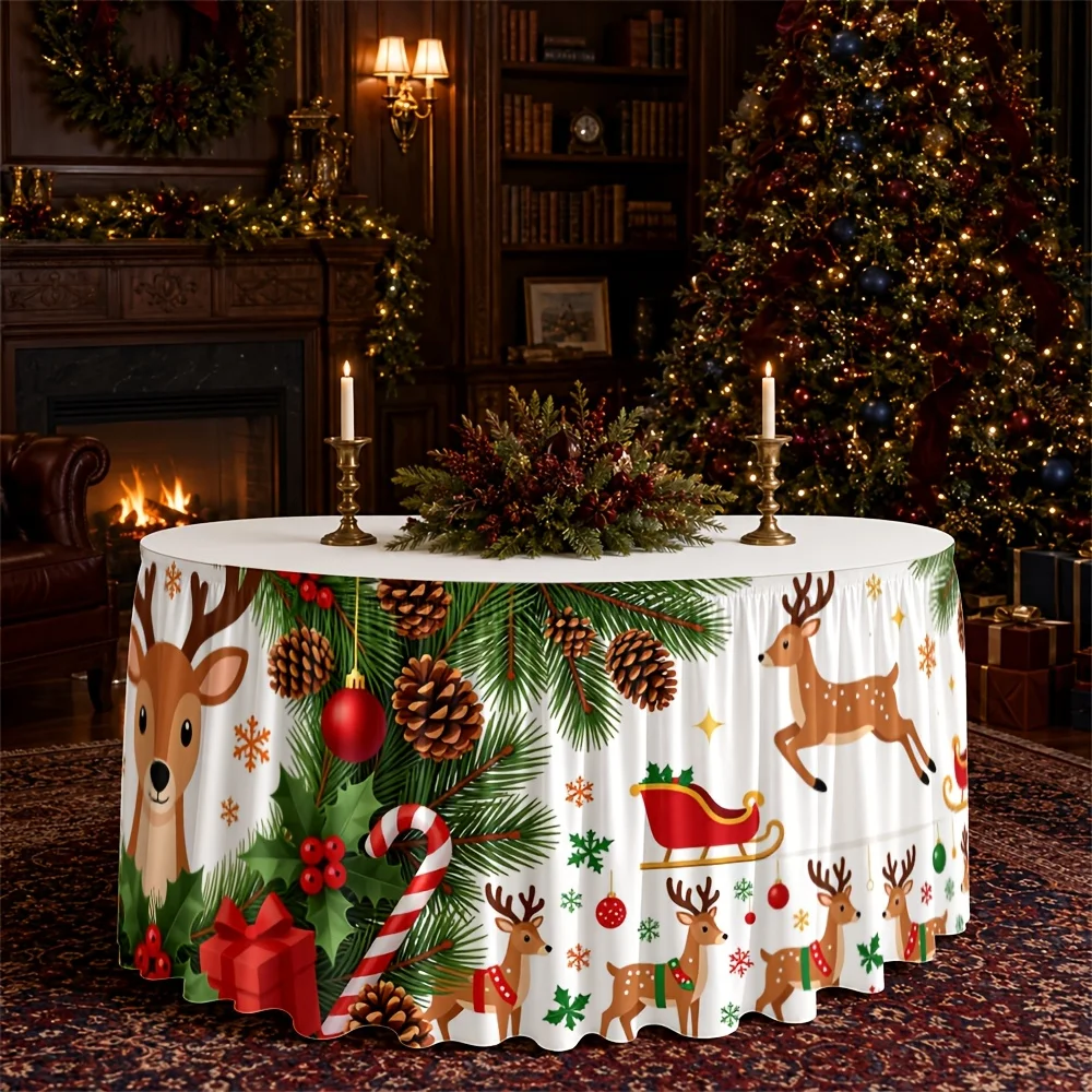 One table skirt with a pattern of a Christmas reindeer, pinecones, candy sticks and a sleigh, made of polyester fabric.