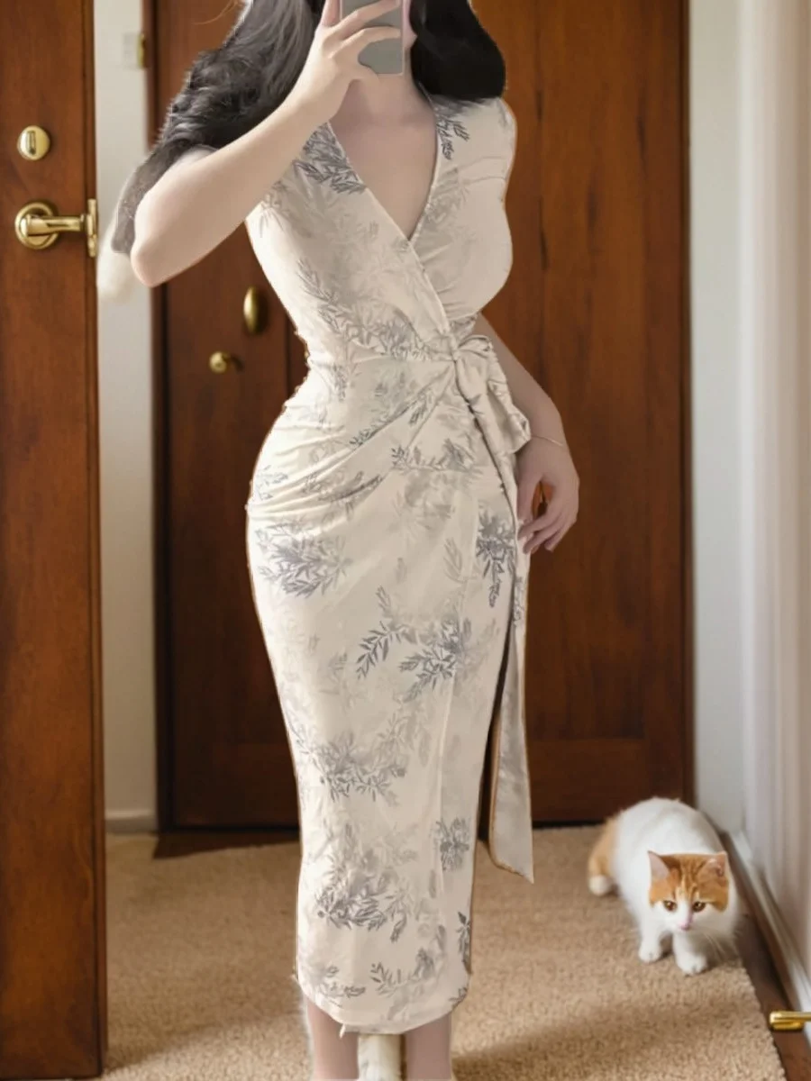 우아한 플러스 사이즈 중국풍 플로럴 프린트 랩 드레스 슬리밍 하이웨이스트 V넥 긴팔 여름 신상 여성 드레스