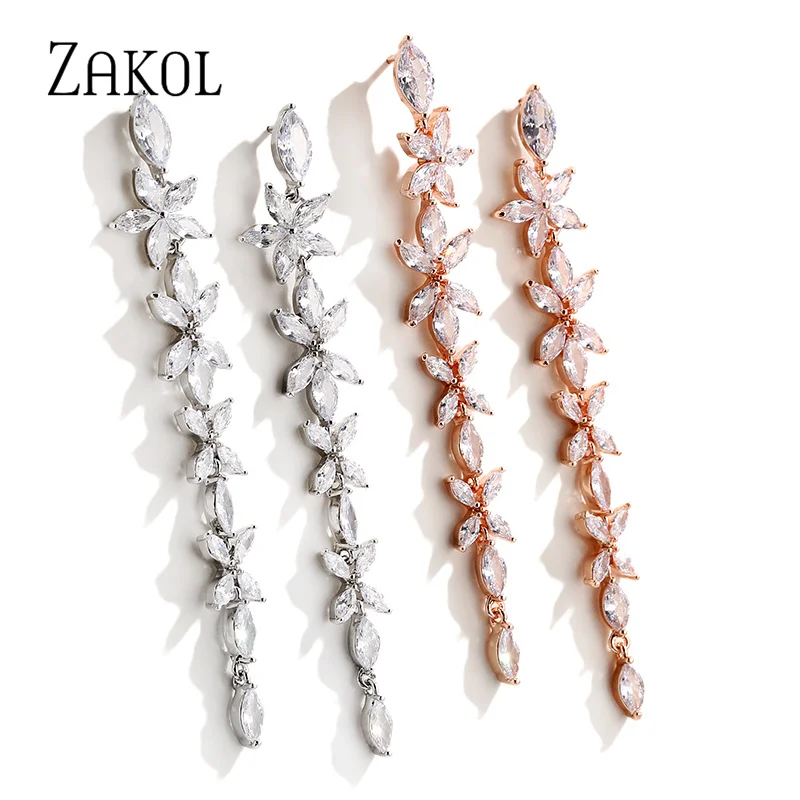 ZAKOL Fashion Cubic Zirconia Flower Long Dangle Earrings for Women Shining Rose Gold Color Bridal Wedding Engagement Jewelry