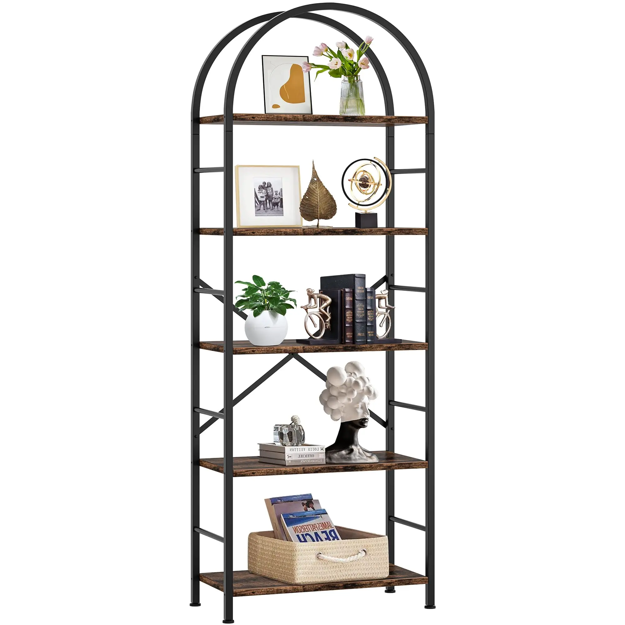 

Arched Metal Bookshelf 5 Tier Rustic Brown Storage Shelf For Living Room Bedroom Office