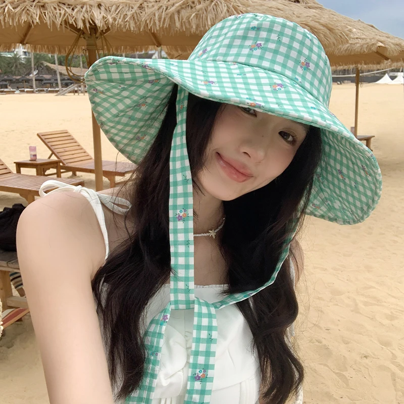 

Korean Version Summer Plaid Bucket Hat Women's Travel Small Fresh Floral Sunshade Large Brim Windproof Lace -up Foldable Sun Cap